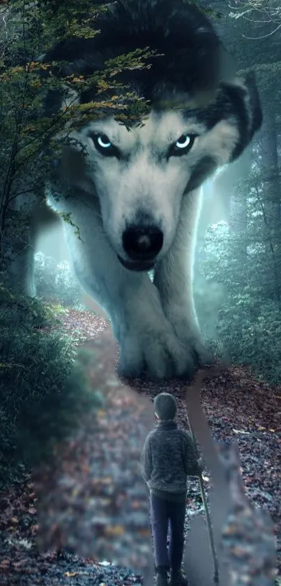 Child faces giant wolf in mysterious forest scene.