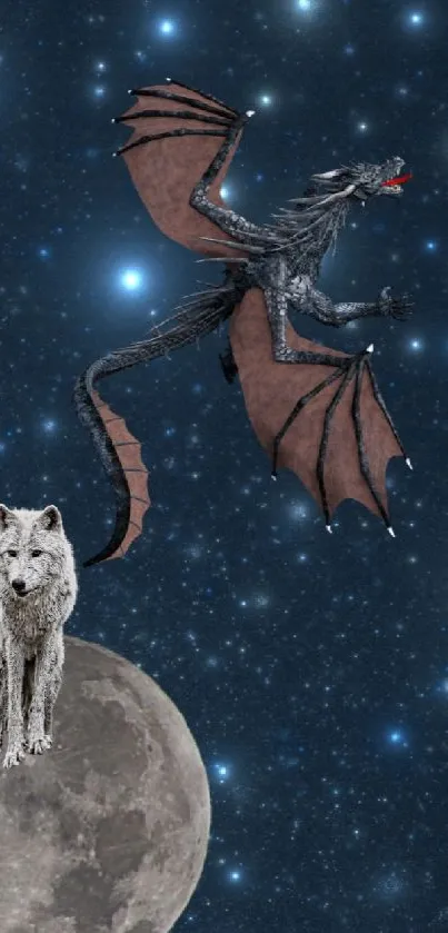 Wolf sitting on the moon with a dragon flying in a starry night sky wallpaper.