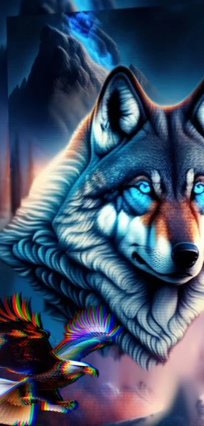 Fantasy wolf with blue eyes and colorful eagle design.