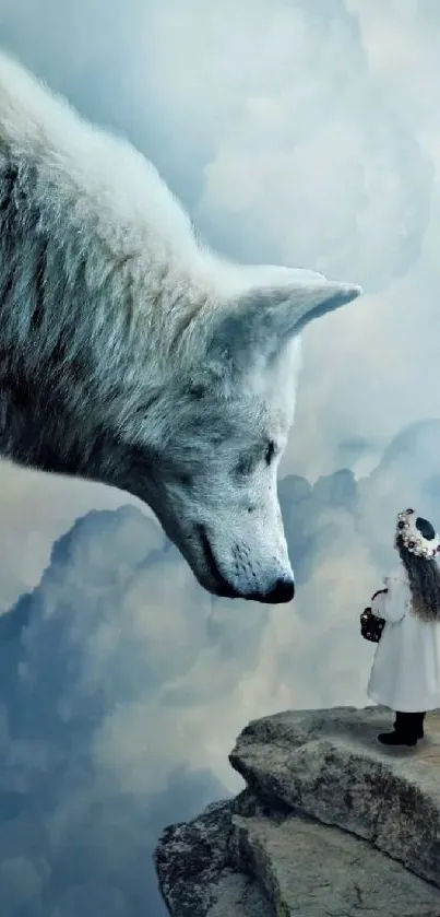 Fantasy wallpaper with a giant wolf and a girl on a cliff under a dreamy sky.