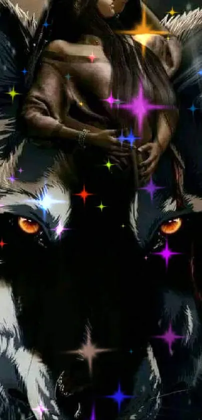 Mystical woman and wolf with colorful stars mobile wallpaper.