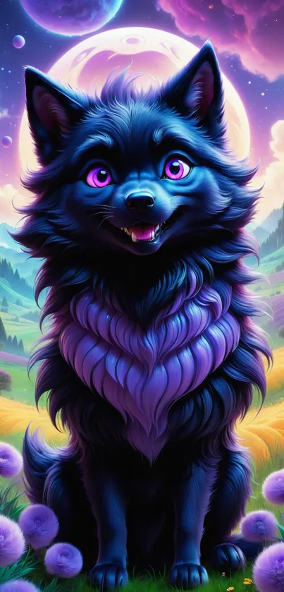 Vibrant fantasy wolf with purple hues in a mystical landscape.