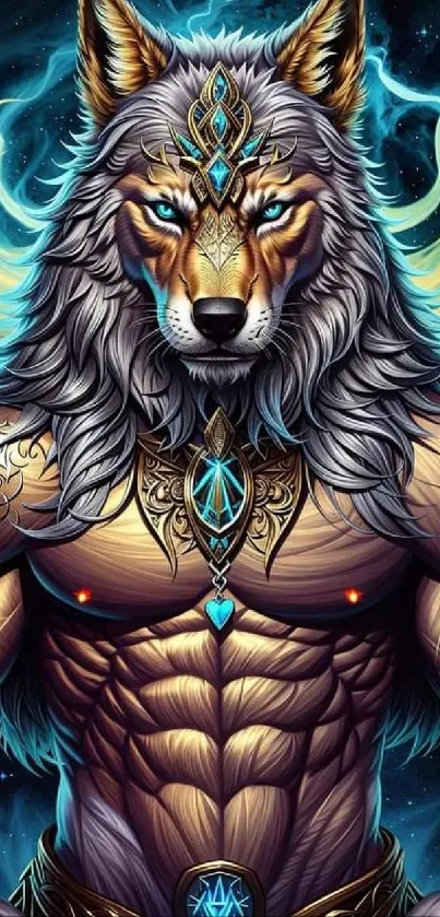 Fantasy wolf warrior art with dark blue tones.