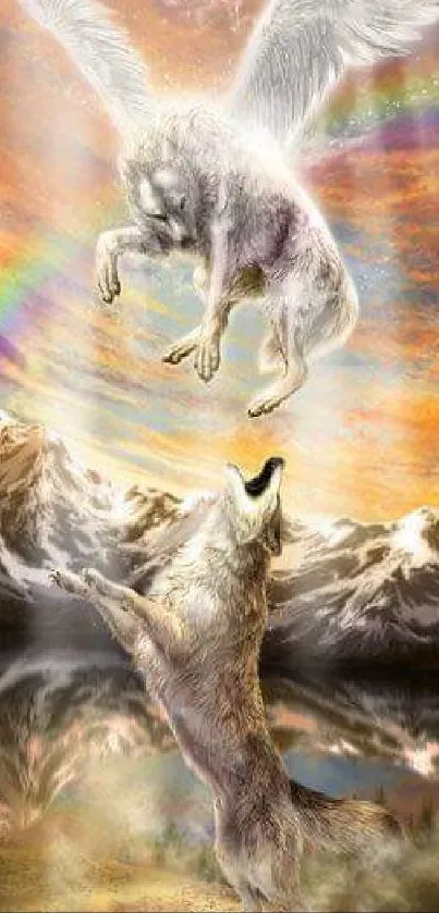 Two mystical wolves leap with a rainbow and mountains in the background.