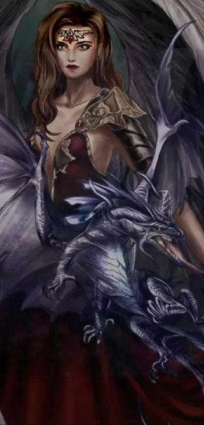 Fantasy woman and dragon in mystical art wallpaper.