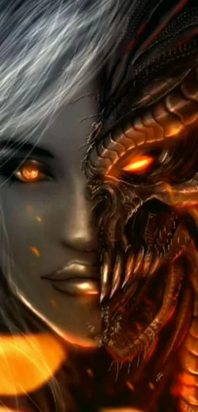 Fantasy art of woman and dragon with fiery eyes.