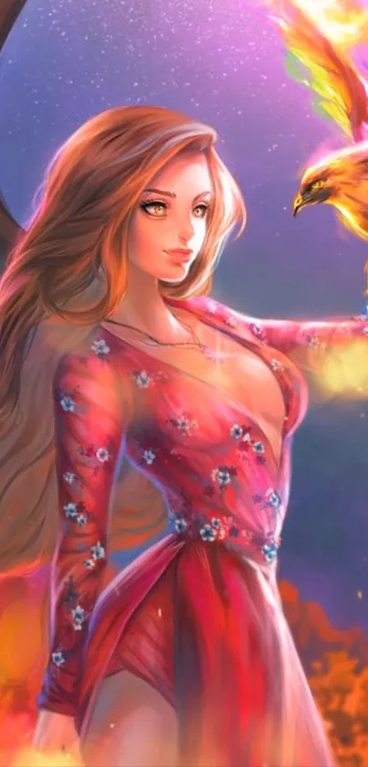 Fantasy woman with phoenix in colorful digital art.