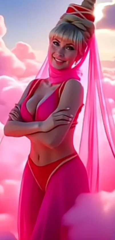 Fantasy woman in pink clouds on mobile wallpaper.