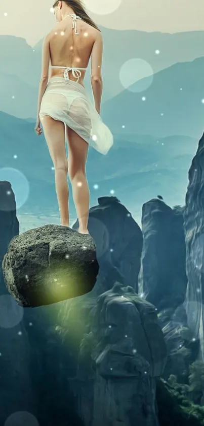 Fantasy woman on floating rock with misty mountains backdrop.