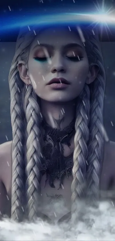 Fantasy woman with braided hair under a starry blue sky.