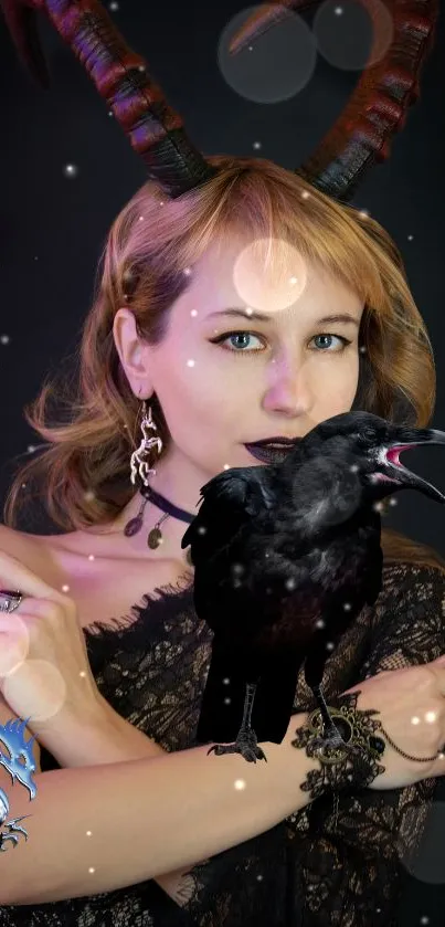Fantasy woman with mystical horns and crow on dark background.