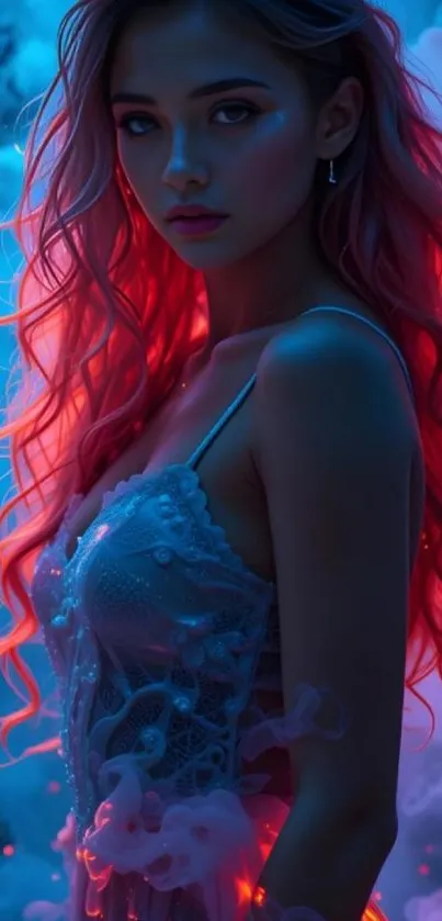 Ethereal woman with glowing hair in a mystical setting.