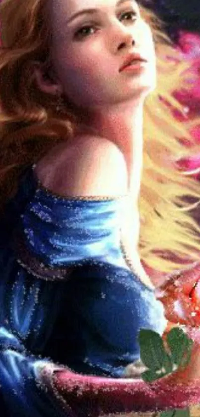 Fantasy woman in blue dress holding a rose with cosmic background.