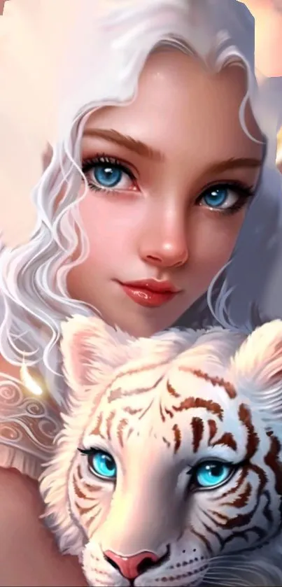 Fantasy woman with blue eyes beside a white tiger in artistic mobile wallpaper.