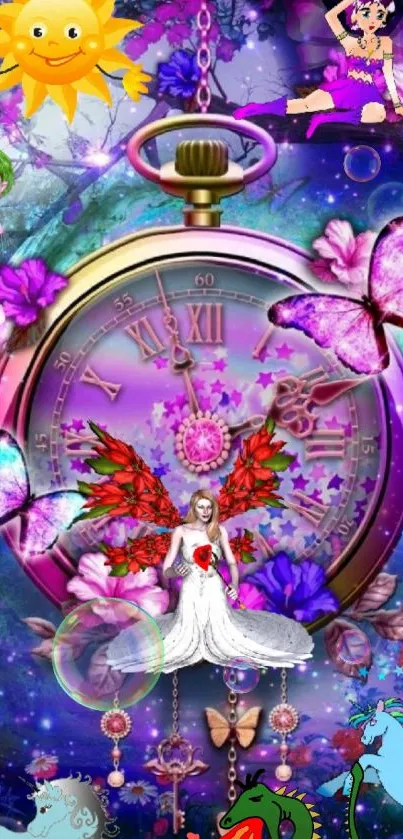 Vibrant fantasy wallpaper with a mystical clock and butterflies.