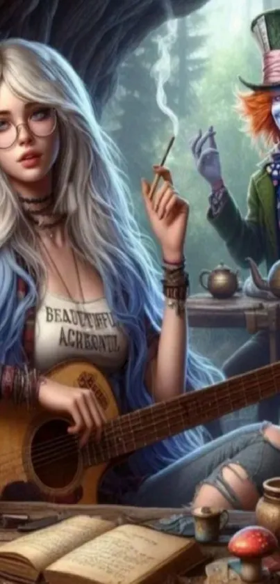 Fantasy scene with guitar and whimsical character in a wonderland setting.