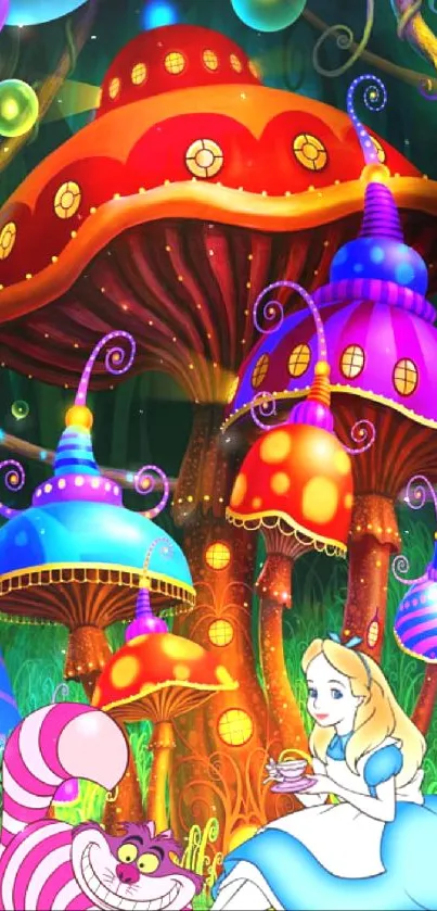 Colorful fantasy wallpaper with mushrooms and whimsical characters.