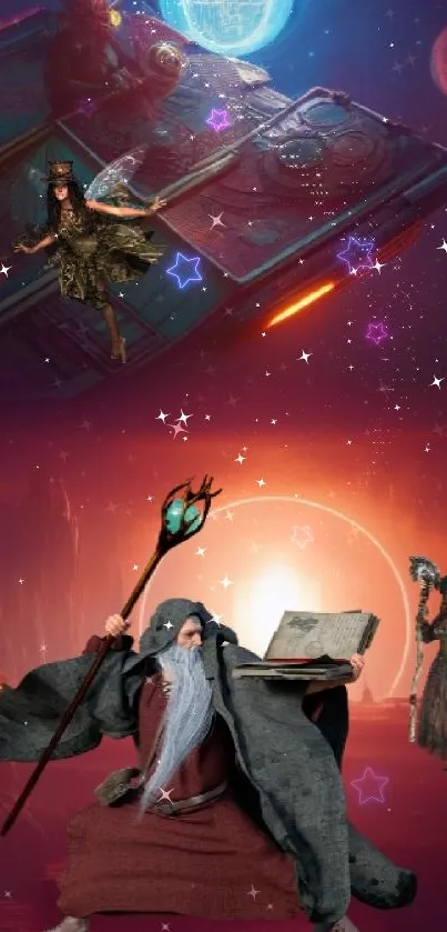 Fantasy cosmic scene with wizards and warriors on a crimson backdrop.