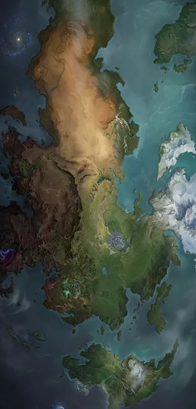 Colorful fantasy map wallpaper with diverse landscapes for mobile screens.