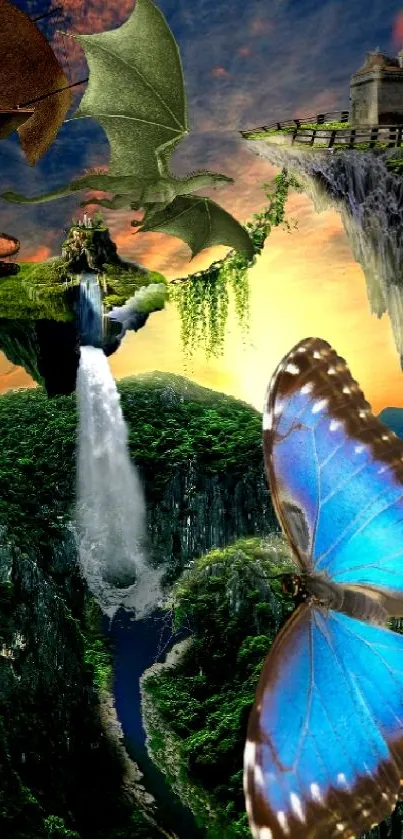 Fantasy wallpaper with floating islands, castles, and a blue butterfly.