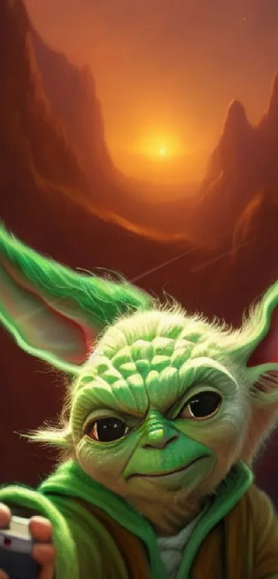 Fantasy Yoda in mystical mountain sunset background.