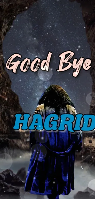 Magical farewell scene with Hagrid under a starry sky.