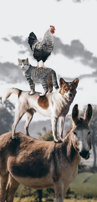 Stack of farm animals with rooster, cat, dog, and donkey.