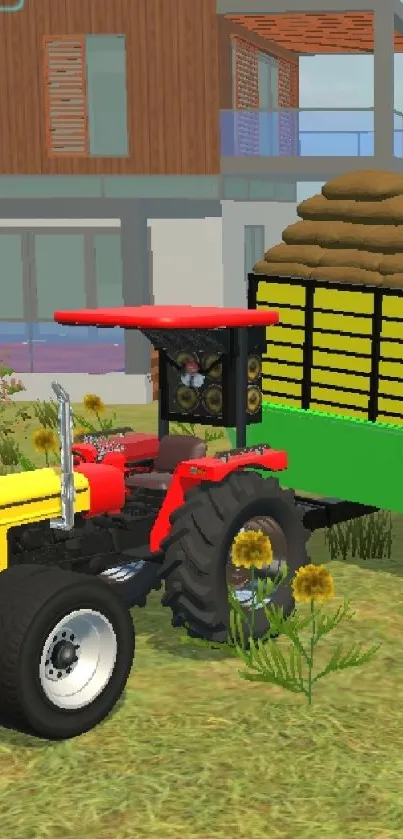 Farm simulator with red tractor and green trailer.