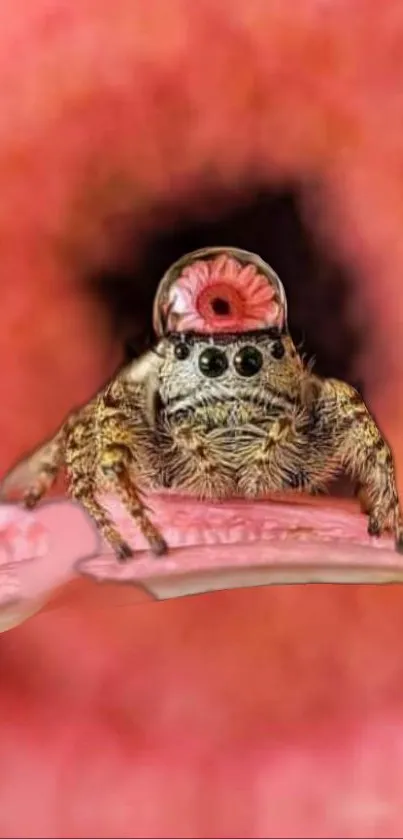 Artistic close-up of a spider on a pink background.