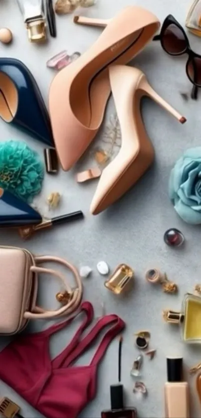 Flat lay of elegant fashion accessories with shoes and perfume.