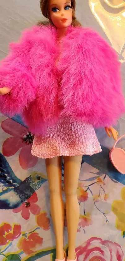 Fashion doll in pink fluffy coat with floral background.