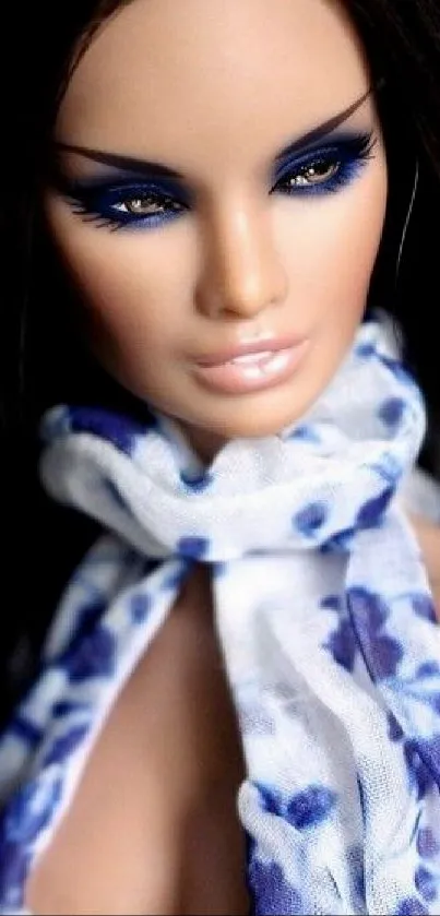 Fashion doll portrait with floral scarf and bold makeup.