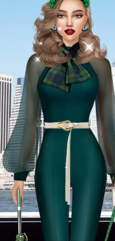 Fashion stylist game wallpaper with city skyline and stylish characters.