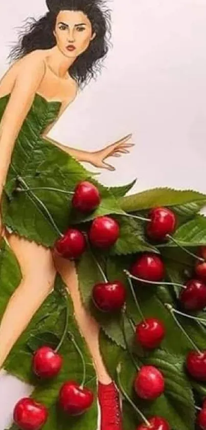 Artistic illustration of woman in cherry leaf dress.