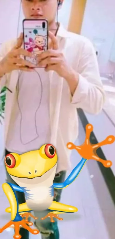 Selfie with cartoon frog and stylish phone cover.