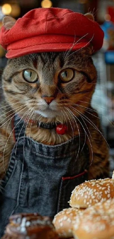 Cat in red hat and overalls near pastries.