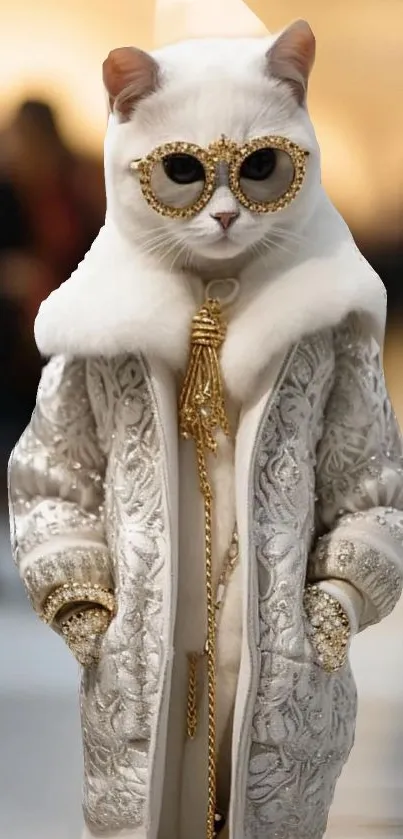 Chic cat wearing glamorous gold and white attire in a stylish wallpaper.