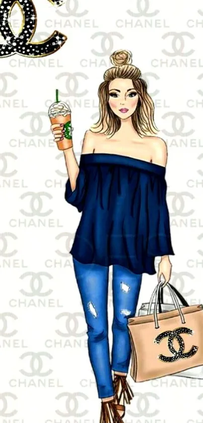 Fashionable illustration of a stylish woman with branded elements on a wallpaper.