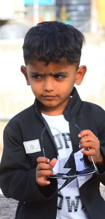Young child in black blazer with sunglasses in urban background.