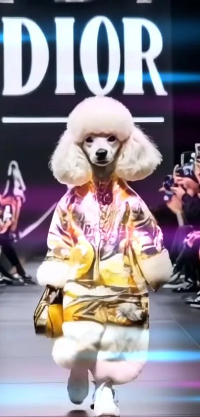 Poodle in stylish attire walking on a fashion runway.