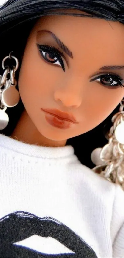 Stylish doll with bold makeup and silver earrings.