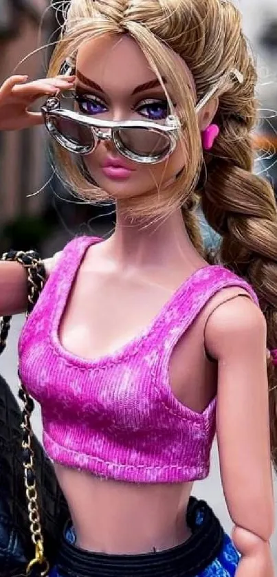 Fashionable doll with pink top and braided hair in urban setting.