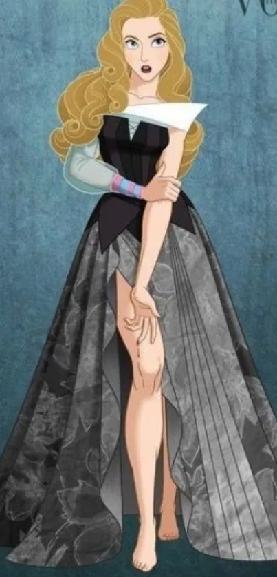 Illustration of a modern styled fairytale princess in a fashionable gown.