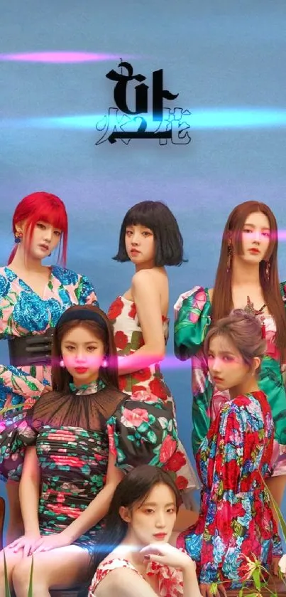 Stylish girl group in colorful outfits against a blue background.