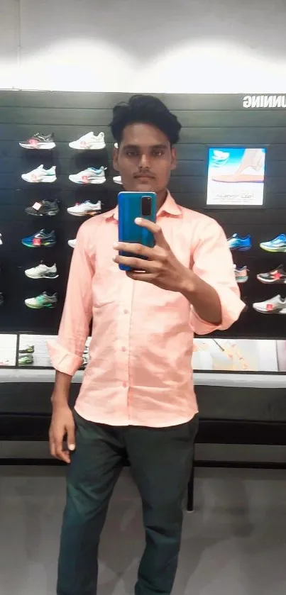 Mirror selfie in fashion store, light pink shirt.