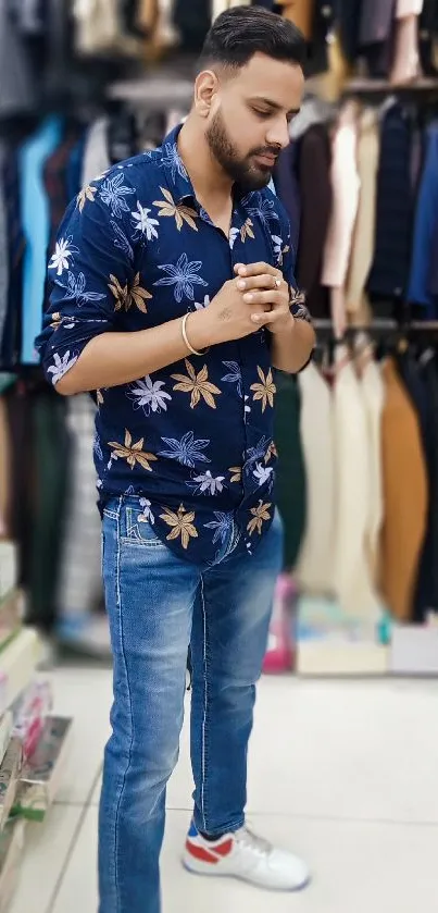 Man in floral shirt and jeans in clothing store.