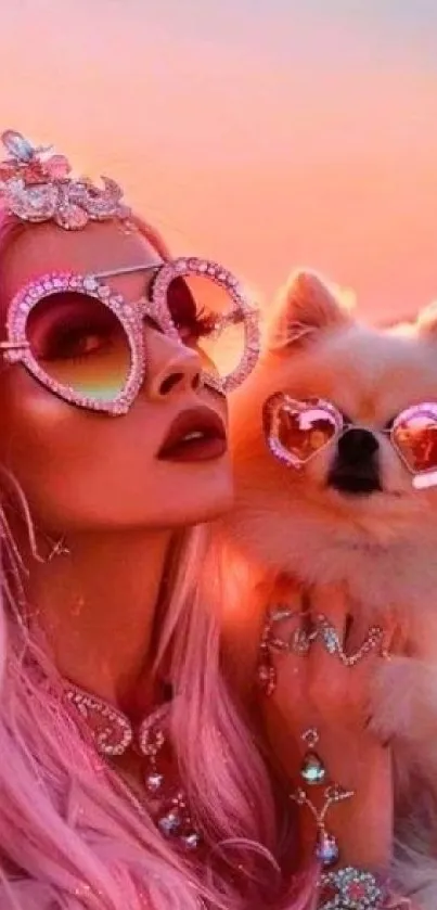 Woman with pink hair and dog wearing heart sunglasses at sunset.