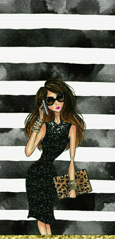 Chic woman art on black and white striped wallpaper.