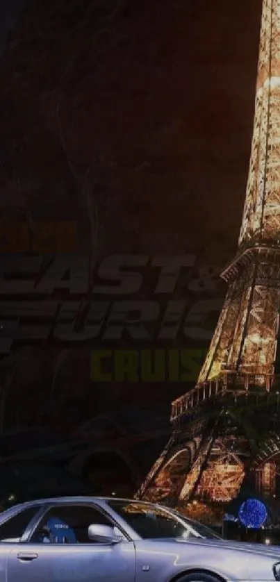 Fast car and Eiffel Tower at night in cinematic scene.