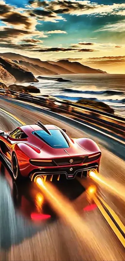 Fast car driving on a scenic coastal road at sunset.